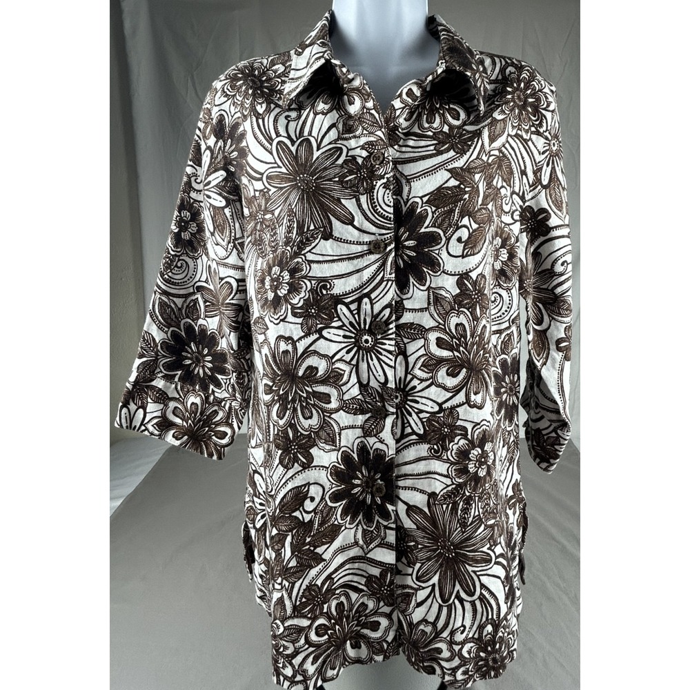 Chico's No Iron™ Tropical Floral Linen Shirt Women's SZ 1 Resort Cruise Beachy